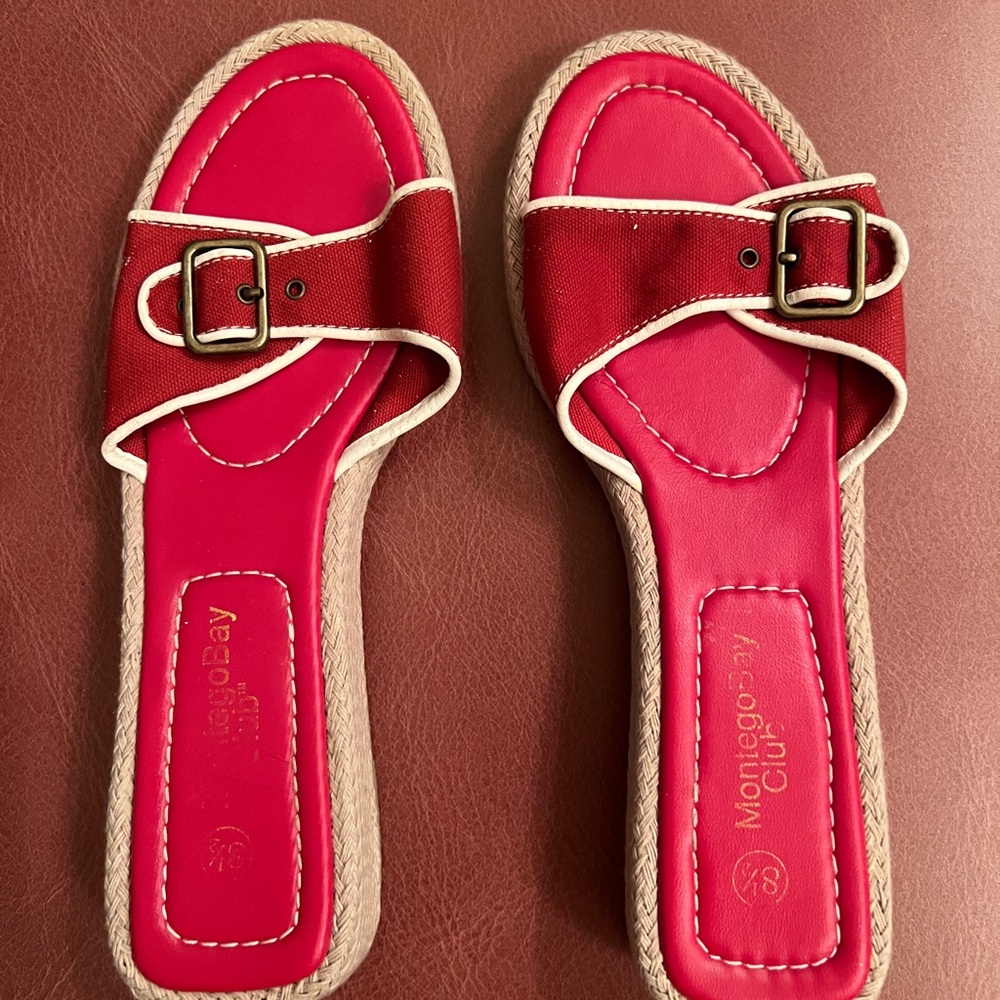 Montego Bay Club Red Flat Slip On Buckle Sandal Shoes (Size 8.5)